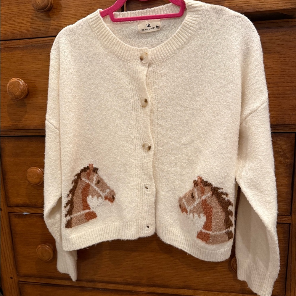 Urban Daizy Cream Button-Front Horse-Intarsia Cardigan